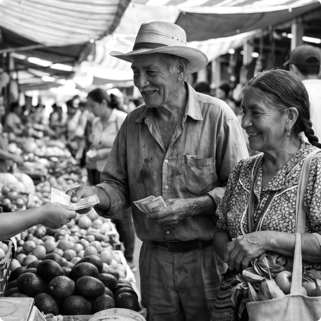 Comerciante de un mercado popular recibe billetes de un cliente frente a un puesto de frutas y verduras.