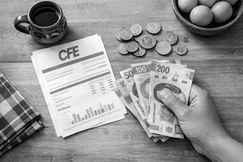 Recibo de luz y billetes sobre una mesa junto a una calculadora, ilustrando el aumento de precios.