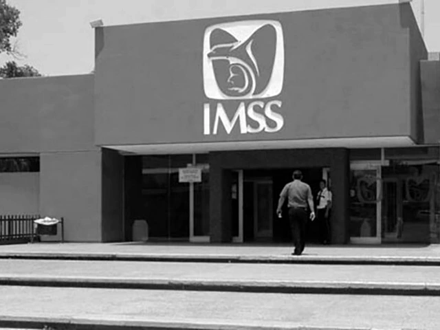 Fachada de un hospital del Instituto Mexicano del Seguro Social con el logotipo del instituto en el acceso.